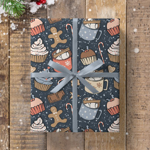 Papel De Regalo Cacao Caliente Navideño Vintage Tradicional Azul O