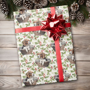Papel De Regalo Cachorro Beagle Adorable en Cesta con Acebo de Nav