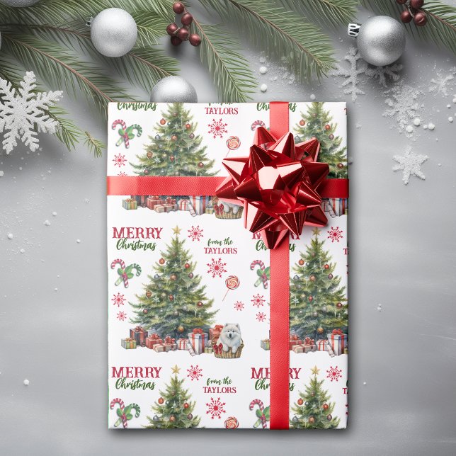 Papel De Regalo Cachorro blanco samoyado bajo el árbol de Navidad (Subido por el creador)