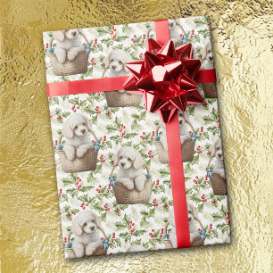 Papel De Regalo Cachorro de Caniche Lindo en Cesta de Navidad con