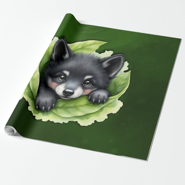 Papel De Regalo Cachorro de lobo en el verde:  (Desenrollado)