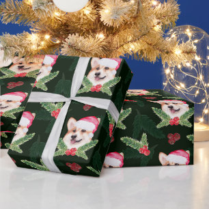 Papel De Regalo Cachorro de Navidad en acuarela, bayas de acebo, p