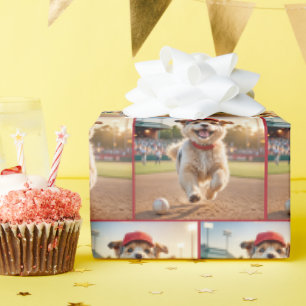 Papel De Regalo Cachorro Feliz Corriendo En Un Campo De Béisbol