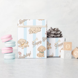 Papel De Regalo Cachorro lindo pastel azul beige feliz cumpleaños