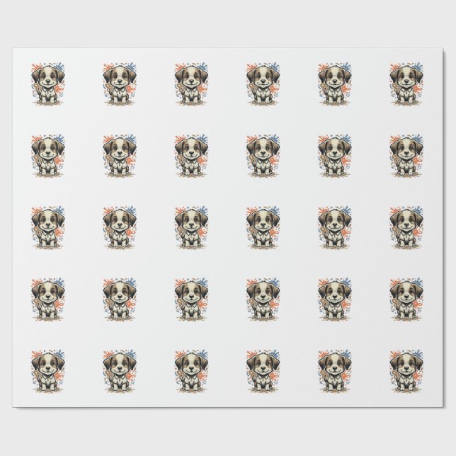 Papel De Regalo Cachorro Lindo Salpicadura Grabado Diseño Vectoria (Superficie plana)