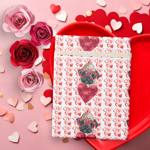 Papel De Regalo Cachorro Pug Amante de Corazones Rojos Lindos San