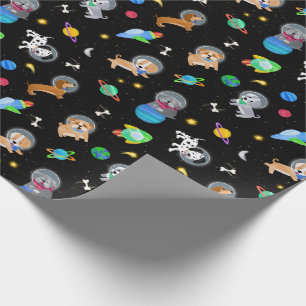 Papel De Regalo Cachorros En El Espacio Acuarela Perros Astronauta