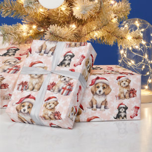 Papel De Regalo Cachorros Navideños Adorables y Calcetines 
