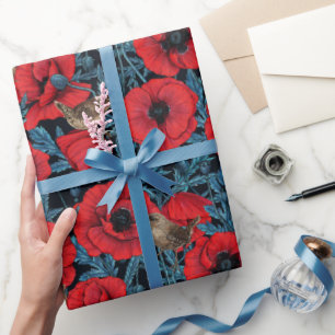 Papel De Regalo Cachorros rojos y venas, hojas azules en negro