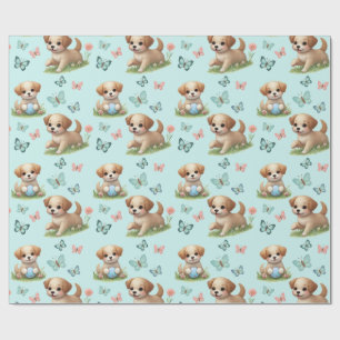 Papel De Regalo Cachorros y Mariposas Caprichosas de Acuarela Azul