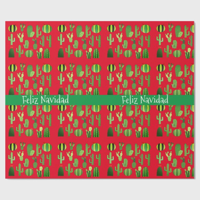 Papel De Regalo Cacti en Red Feliz Navidad (Superficie plana)