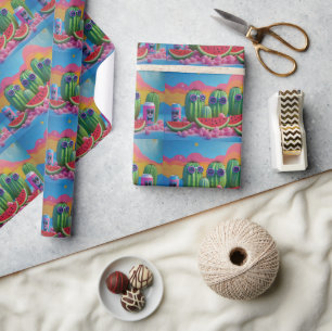 Papel De Regalo Cacti gracioso con gafas de sol, sandía y dulce