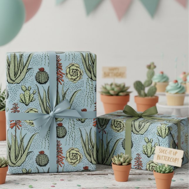 Papel De Regalo Cacti y suculentos del Desierto Azul Occidental (Elegant French Blue Succulent & Greenery Birthday Wrapping Paper 4 Plant Lover. Desert Cacti Pattern)