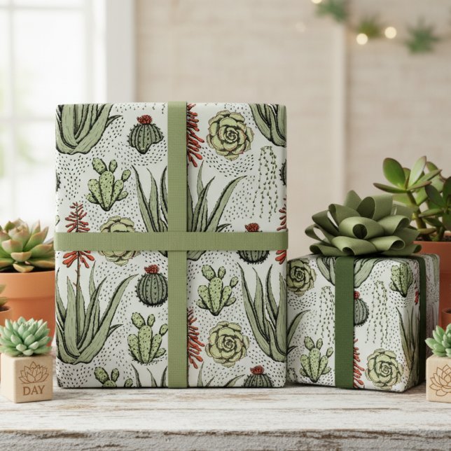 Papel De Regalo Cacti y suculentos del desierto verde occidental (Elegant Sage Green Succulent & Greenery Birthday Wrapping Paper 4 Plant Lover. Desert Cacti Pattern)