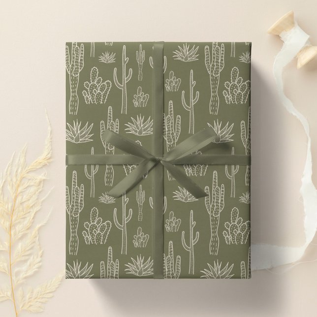 Papel De Regalo Cactus Boho Occidental Sureño Neutral Verde Musgo (Subido por el creador)