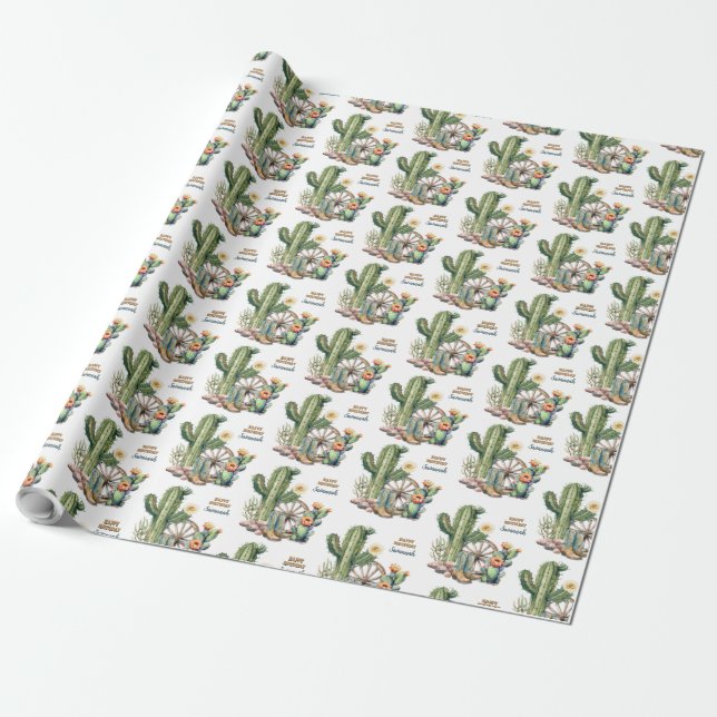 Papel De Regalo Cactus Boots de Flores Rústicas Nombran Feliz Cump (Desenrollado)