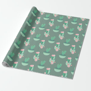 Papel De Regalo Cactus con corazones rosas en verde