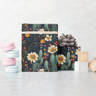 Papel De Regalo Cactus Florido Bordado en Negro