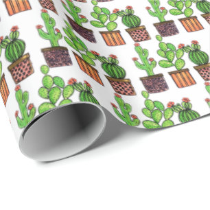 Papel De Regalo Cactus lindo de la acuarela en potes