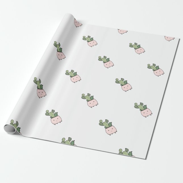 Papel De Regalo Cactus sonriente suculento en maceta rosada (Desenrollado)