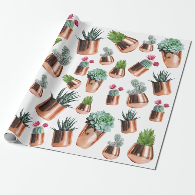 Papel De Regalo Cactus & Succulens en ollas de oro Rosa (Desenrollado)