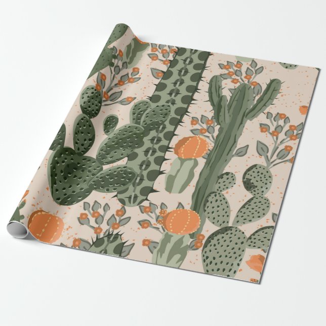 Papel De Regalo Cactus suculentas verdes y flores naranjas  (Desenrollado)