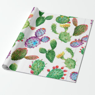 Papel De Regalo Cactus tropical pintado a mano con acuarela. Sin i