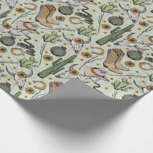 Papel De Regalo Cactus y cráneo de vaquero verde occidental