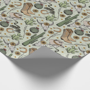 Papel De Regalo Cactus y cráneo de vaquero verde occidental