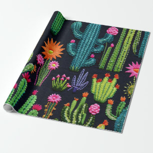 Papel De Regalo Cactus y flores del desierto con un aspecto de bor