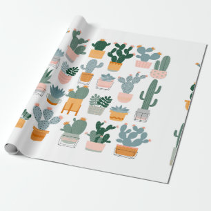 Papel De Regalo Cactus y suculentos en macetas con fondo blanco.