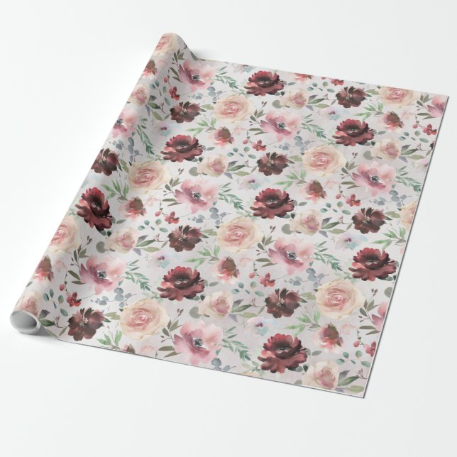 Papel De Regalo Café Borgoña Rosa Peony Mondial Rosas Jardín (Desenrollado)