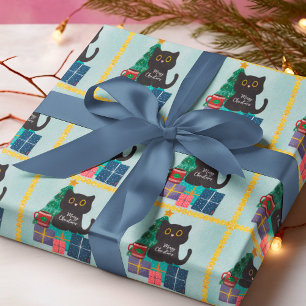 Papel De Regalo Café Gato Negro Navidad Azul Dorado Festivo