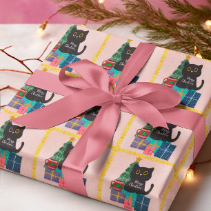 Papel De Regalo Café Gato Negro Navidad Oro Rosa Festivo