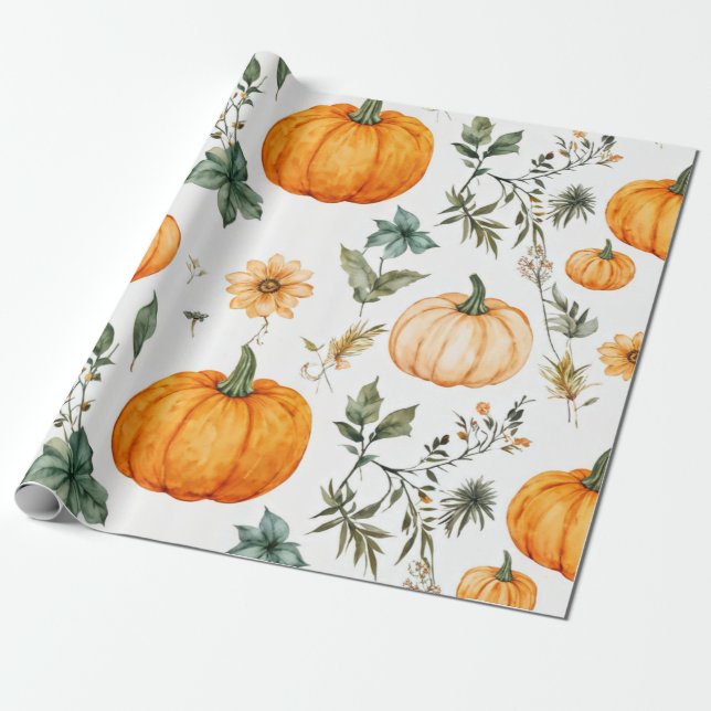 Papel De Regalo Caída de la acuarela de calabaza y Acción de Graci (Desenrollado)