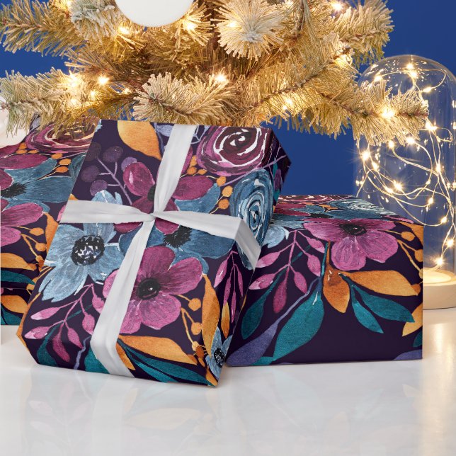 Papel De Regalo Caída de la Marina de Borgoña Mostaza Acuarela Flo (Vacaciones)