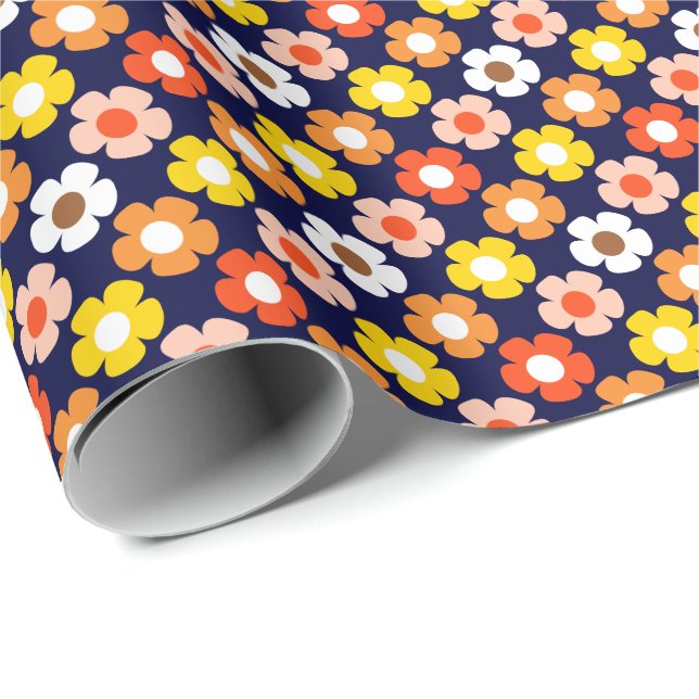 Papel De Regalo Caída Retro Flores de Otoño Patrón Azul (Esquina del rollo)