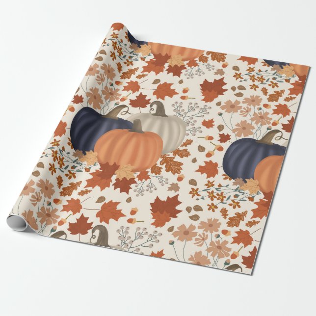 Papel De Regalo Caída Rustica Calabazas de otoño flores silvestres (Desenrollado)