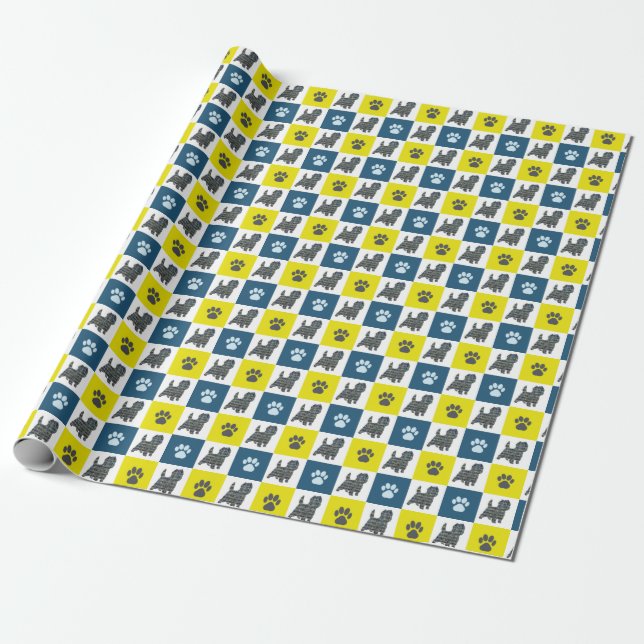 Papel De Regalo Cairn Terrier Dog & Paw Yellow & Blue Grid (Desenrollado)