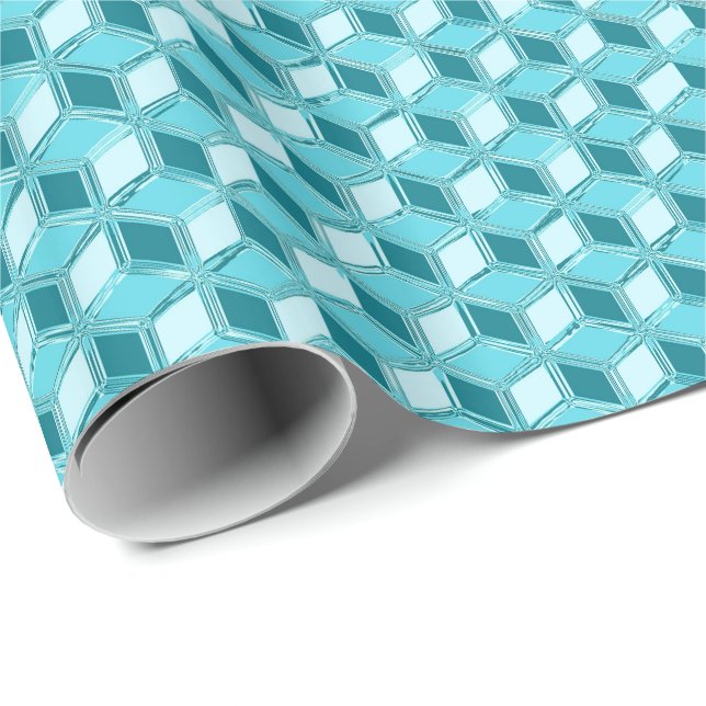 Papel De Regalo Cajas cromadas 3d - turquesa / aqua (Esquina del rollo)
