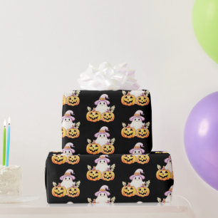 Papel De Regalo Calabaza con patrón de sombrero de brujas morado f