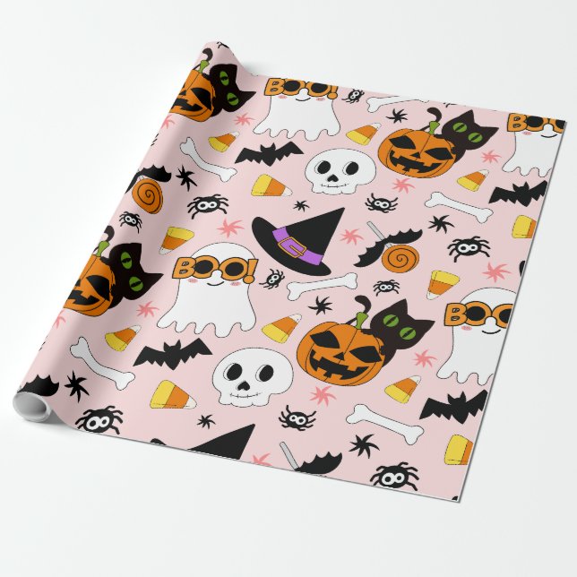 Papel De Regalo Calabaza de gatito de patrón sin foco de Halloween (Desenrollado)