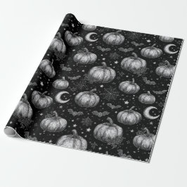 Papel De Regalo Calabaza de Halloween en blanco y negro, murciélag