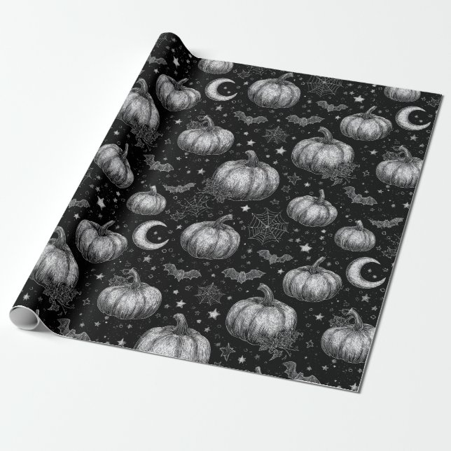 Papel De Regalo Calabaza de Halloween en blanco y negro, murciélag (Desenrollado)