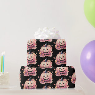 Papel De Regalo Calabaza de Halloween Hojas Naranjas Fondo Negro