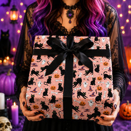 Papel De Regalo Calabaza Fantasma de Gato Negro Lindo Rosa Hallowe