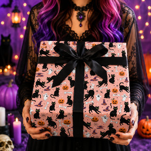 Papel De Regalo Calabaza Fantasma de Gato Negro Lindo Rosa Hallowe