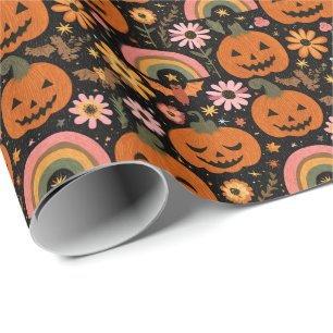 Papel De Regalo Calabaza Groovy y flor de Halloween con arco iris