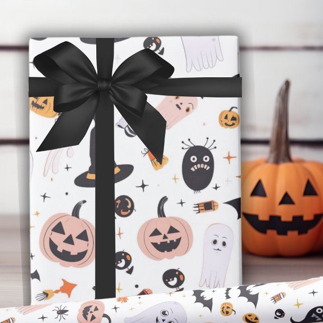 Papel De Regalo Calabaza Pastel Y Criaturas De Halloween Singulare (Pastel Pumpkin And Whimsical Halloween Creatures Wrapping Paper)