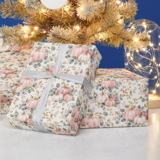 Papel De Regalo Calabaza Rosa Chic Floral Otoñal Acuarela